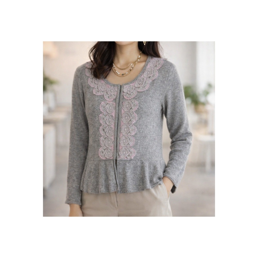 Guinevere Anthropologie Cardigan Medium Peplum Cashmere Angora Blend Lace Beaded